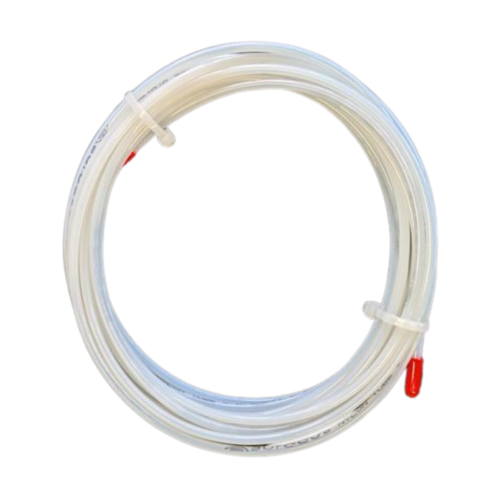 Coiled white and clear tube with red end on a white background