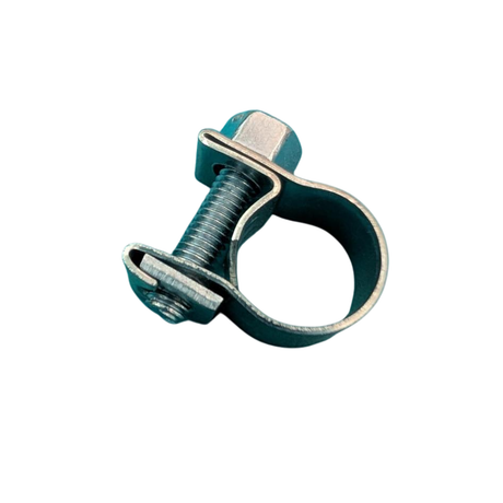 Metal hose clamp on a white background