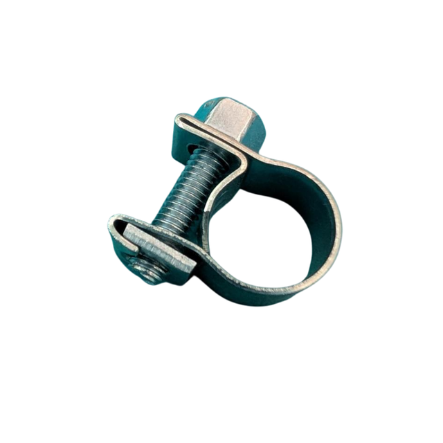 Metal hose clamp on a white background