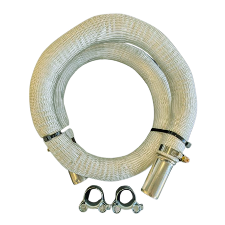 Coiled flexible hose with metal connectors on a white background