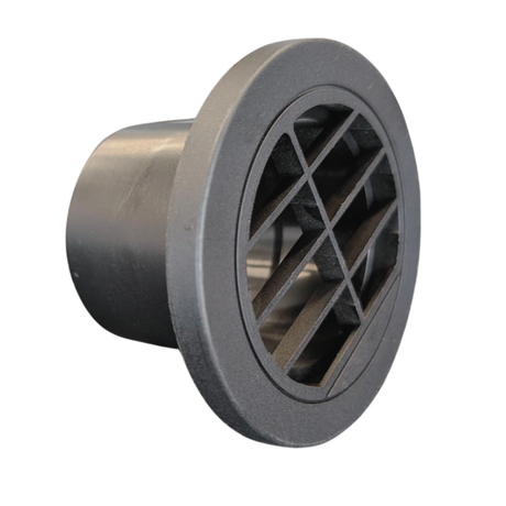 Round black plastic component with a grid pattern on a white background