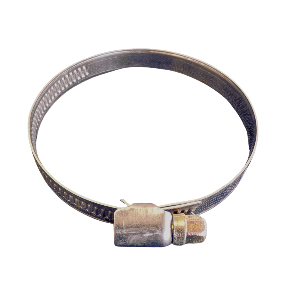 Metallic duct clamp on a white background
