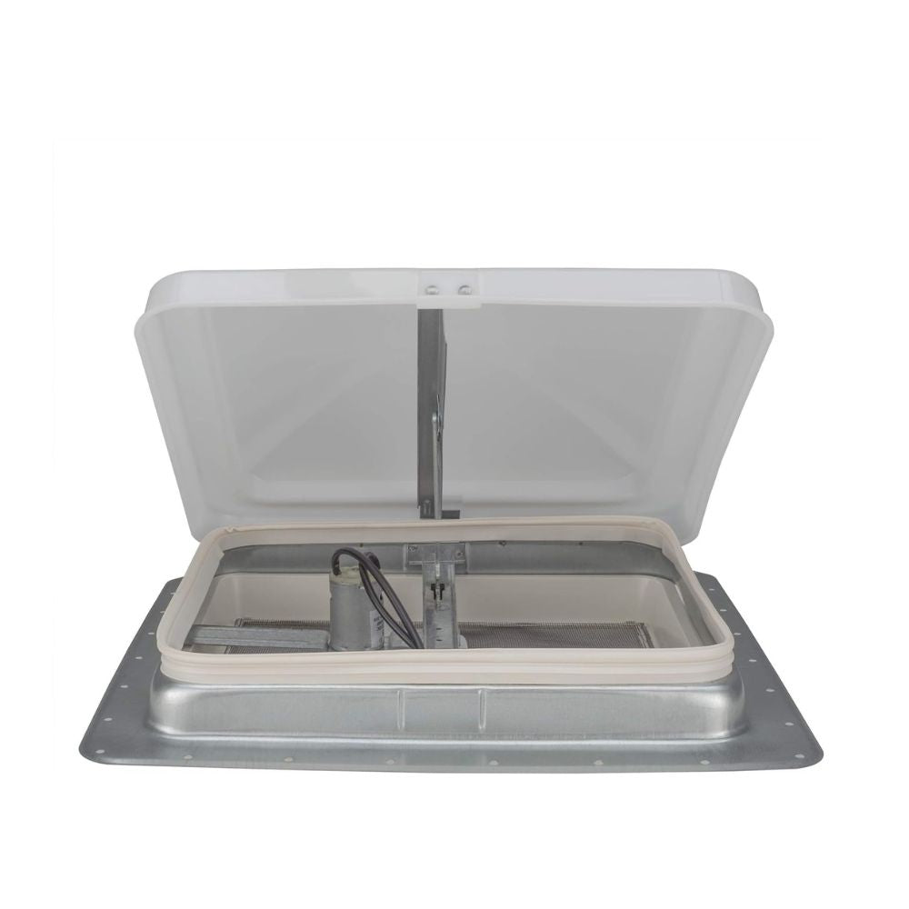 Roof vent with a white cover open on a white background