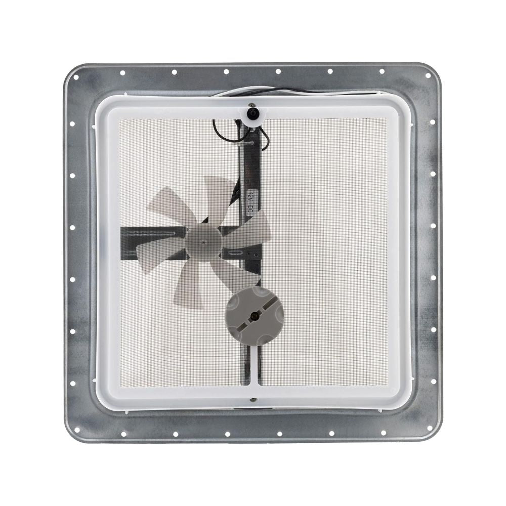 Under side of the vent with a Ventilation fan with screen on a white background