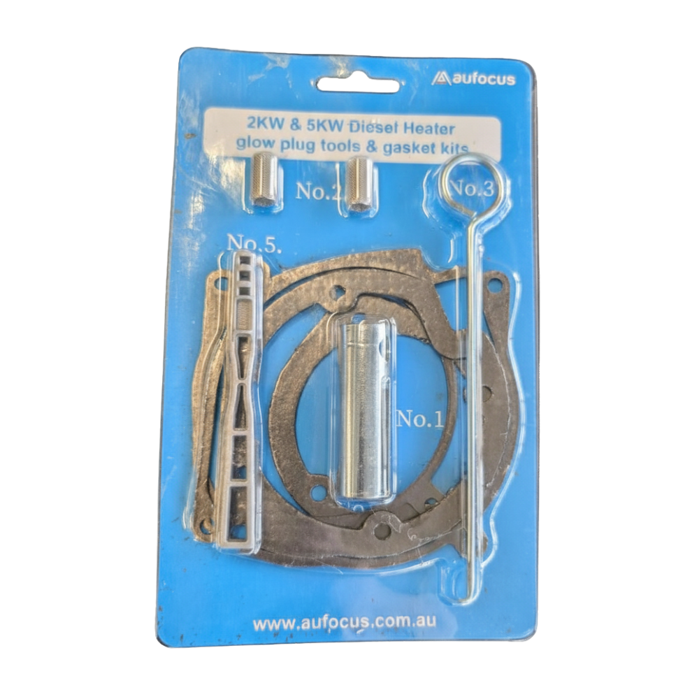 Packaged set of glow plug tools and gasket kits on a blue background with 'Aufocus' branding.