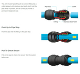 Diagram of a John Guest Speedfit push-to-connect fitting with labeled parts and usage instructions.
