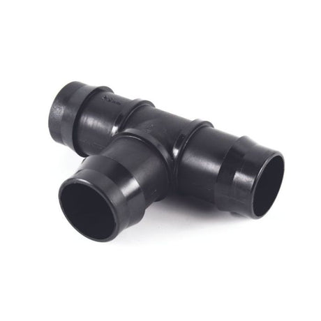 A black plastic tee plumbing fitting, with a main vertical tube and two branches at an angle.