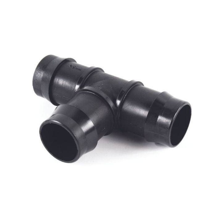 A black plastic tee plumbing fitting, with a main vertical tube and two branches at an angle.