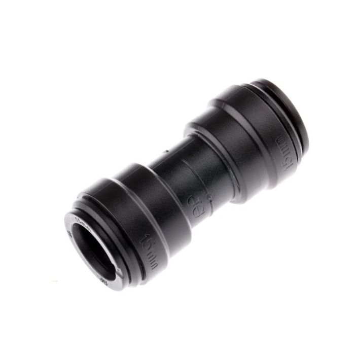 A black plastic union connector for plumbing.