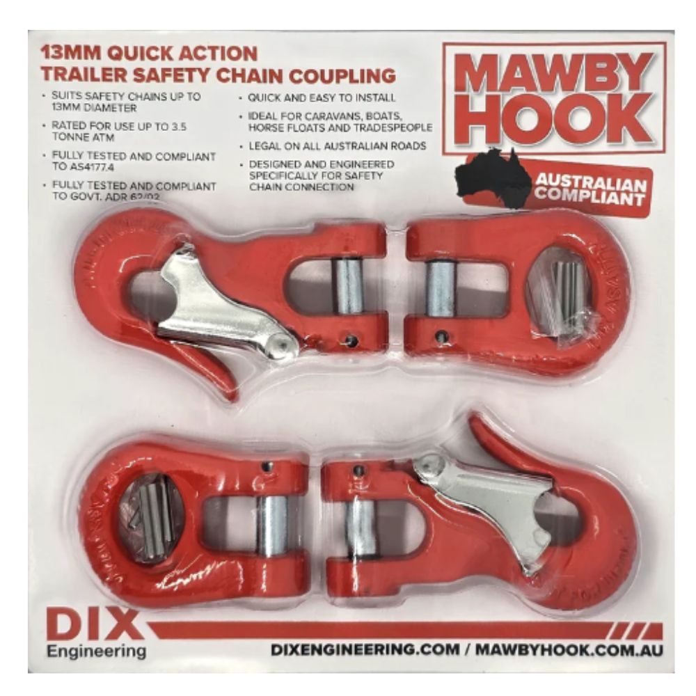 Packaging for the Mawby Hook, featuring two red and silver safety chain couplings, with the DIX Engineering logo and product information.