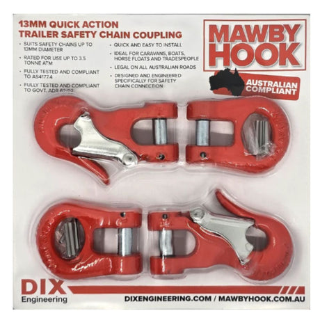 Packaging for the Mawby Hook, featuring two red and silver safety chain couplings, with the DIX Engineering logo and product information.