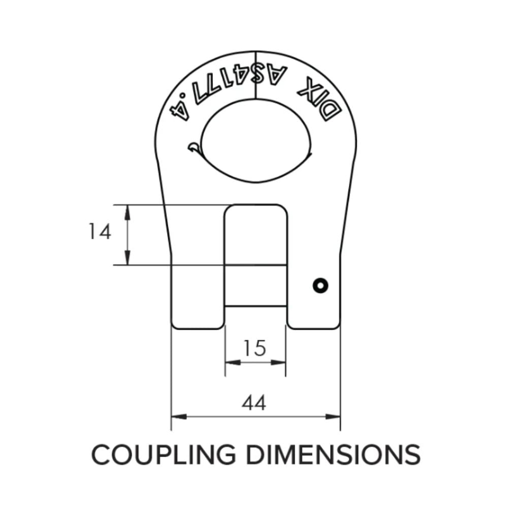 Diagram showing the coupling dimensions for Mawby Hook