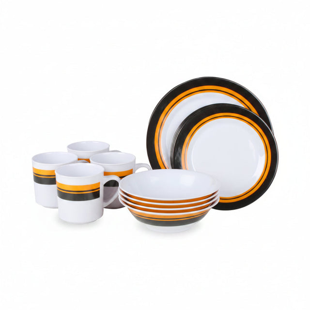 A 16-piece melamine dinner set with orange, black, and white stripes on the plates and bowls, including four dinner plates, four side plates, four soup bowls, and four mugs.
