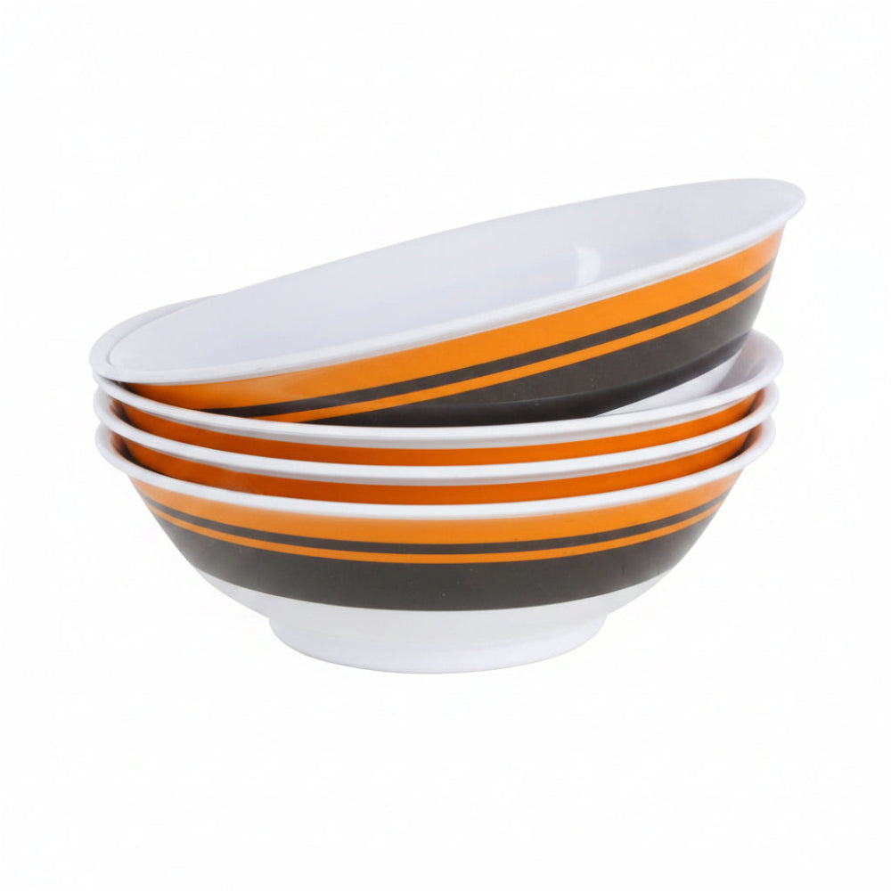 Set of four bowls with orange and black stripes on a white background