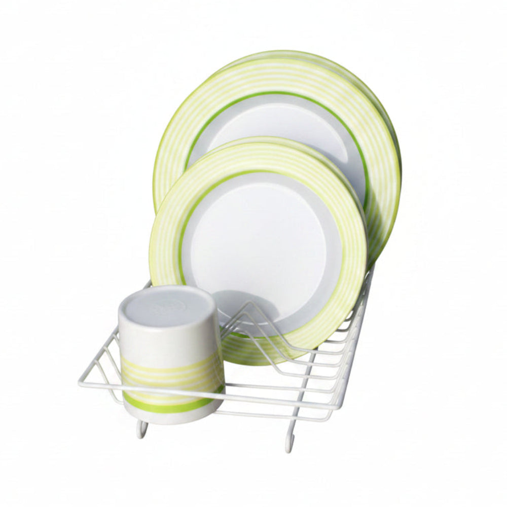 A mini dish drier with yellow striped plates and white cups on it