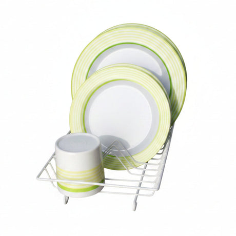 A mini dish drier with yellow striped plates and white cups on it