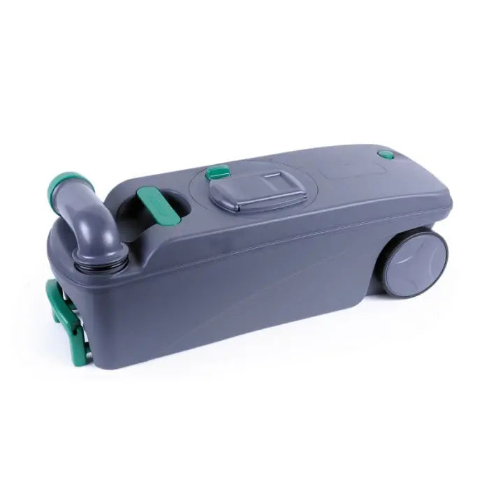 Gray plastic waste tank with green accents on a white background