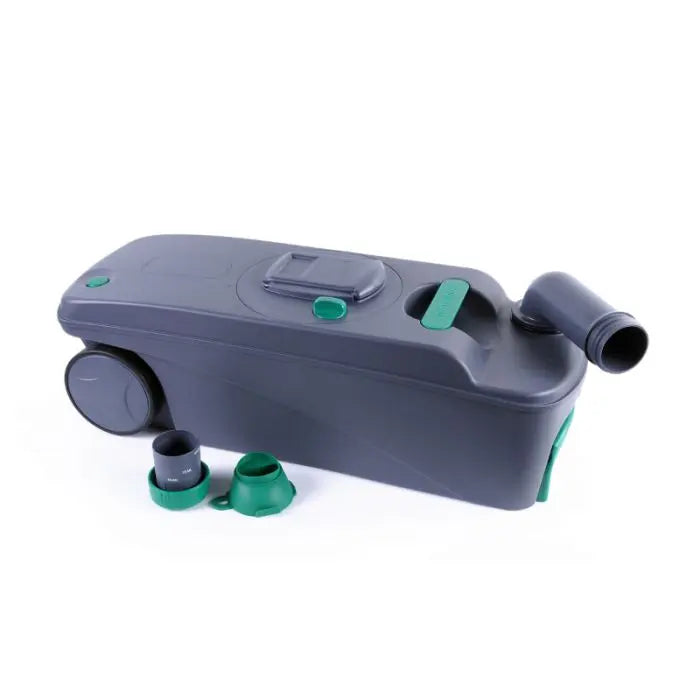 Gray and green waste tank with attachments on a white background