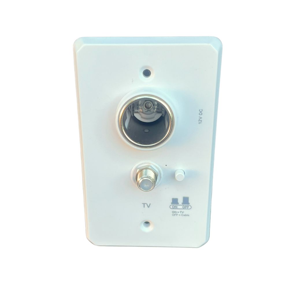 White electronic socket to connect your TV to the antenna on a white background