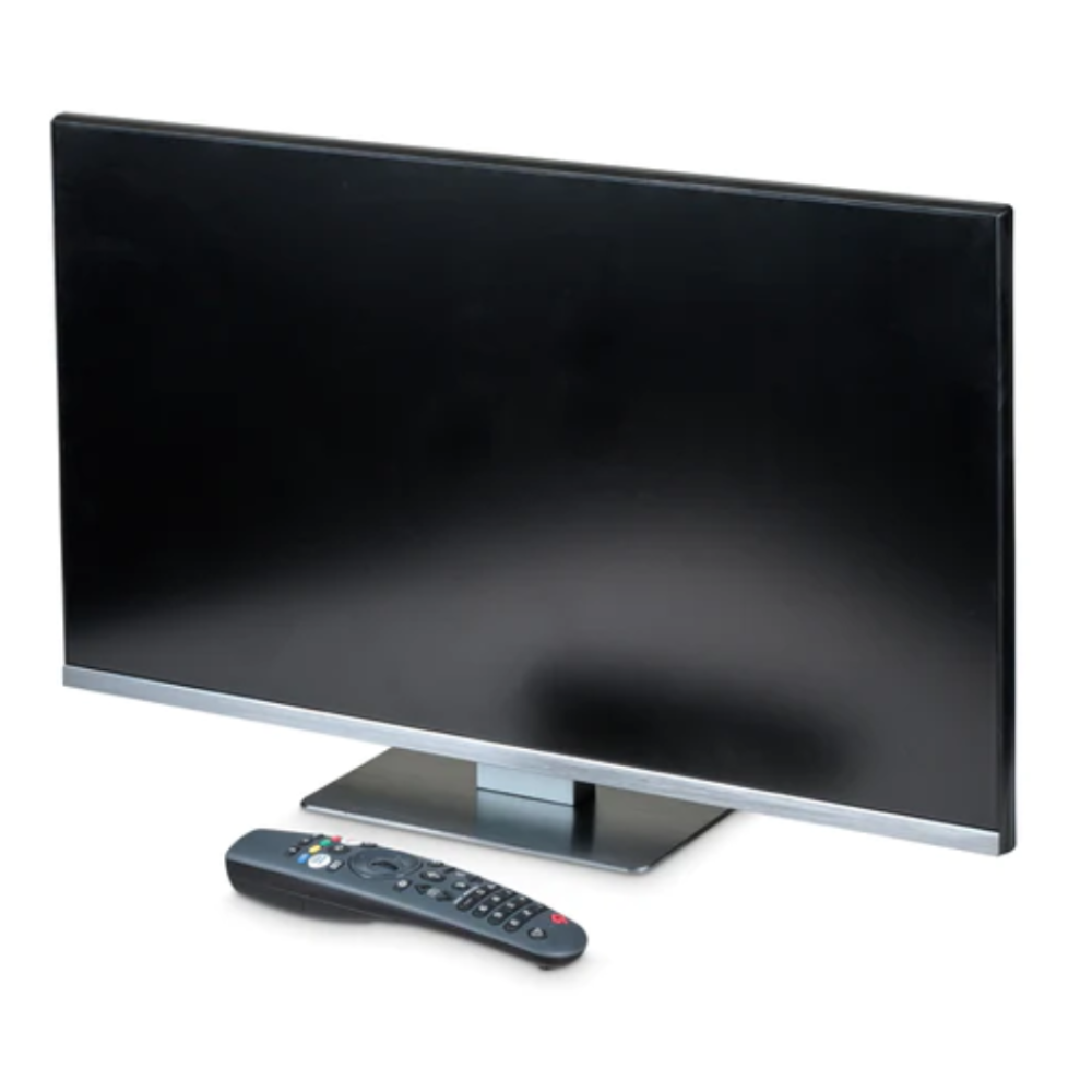 A flat, frameless 24-inch smart TV with a modern design, accompanied by a remote control. The TV is switch off, displaying a black screen, and it's placed on a simple stand.