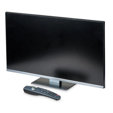 A flat, frameless 24-inch smart TV with a modern design, accompanied by a remote control. The TV is switch off, displaying a black screen, and it's placed on a simple stand.