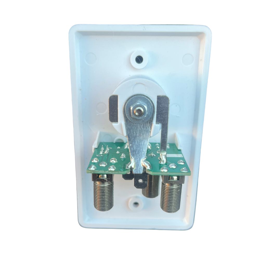Back of white electronic socket to connect your TV to the antenna on a white background