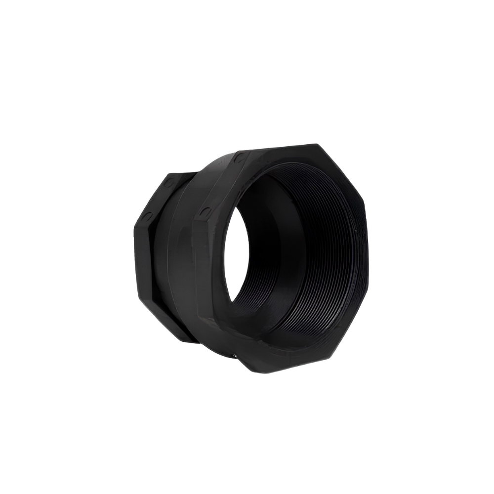 Black polypropylene fitting on a white background