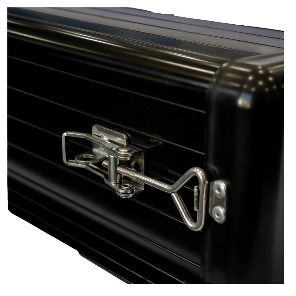 Close-up of a black metal pole carrier with a silver latch  closed on a white backgroun