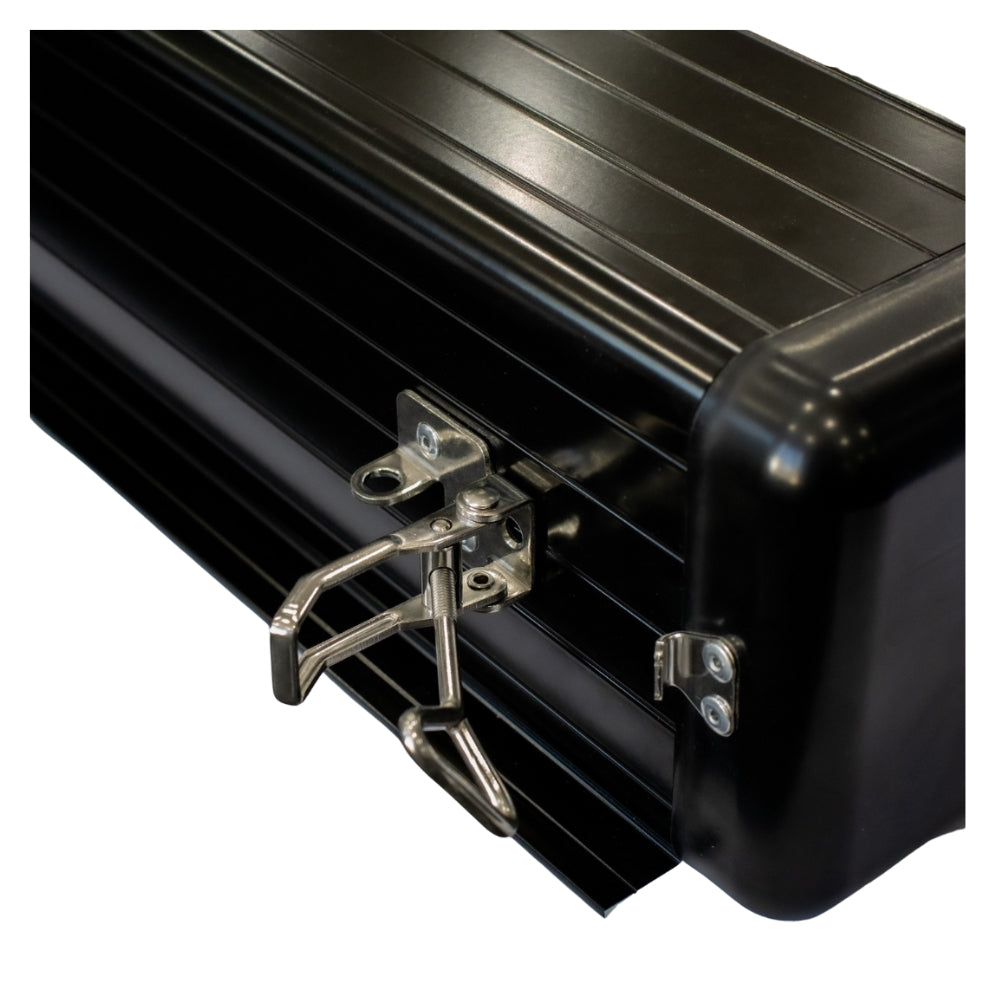 Close up images of latches to close pole carrier