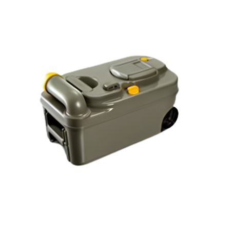 Gray electronic device with yellow accents on a white background
