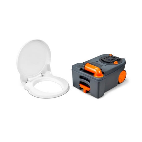 White toilet seat and gray and orange portable toilet on a white background