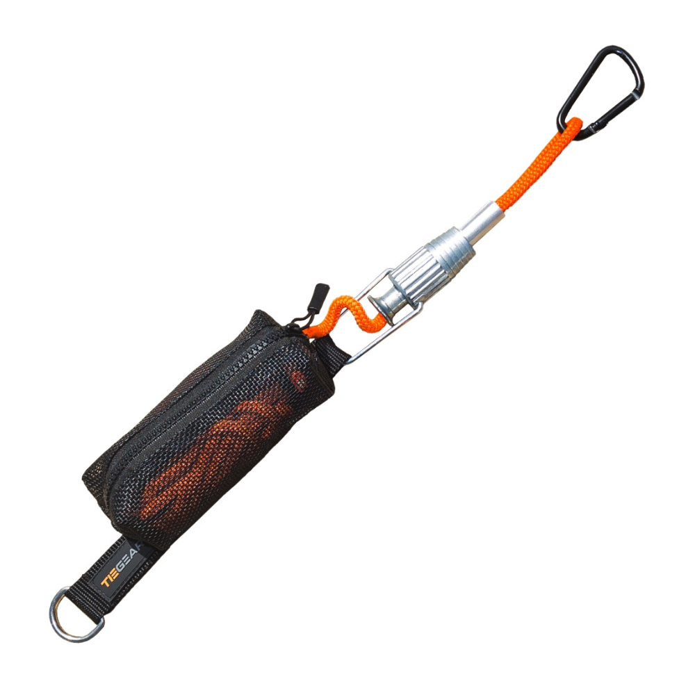 Guy rope from Tiegear with black pouch, orange rope and carabiner 