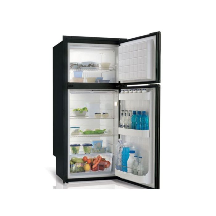 A black two-door refrigerator with food items inside, indicating that it is a functional appliance.