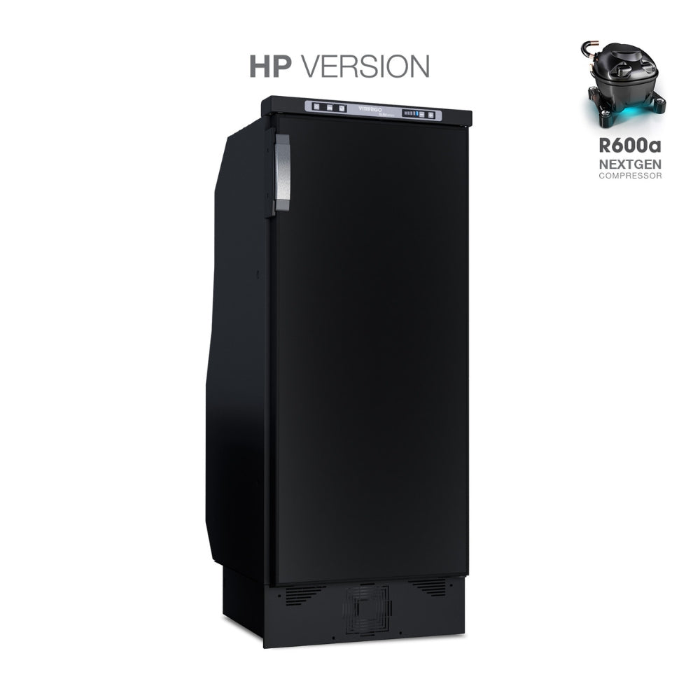 Black refrigerator with 'HP Version' and 'R600a NextGen Compressor' text on a white background
