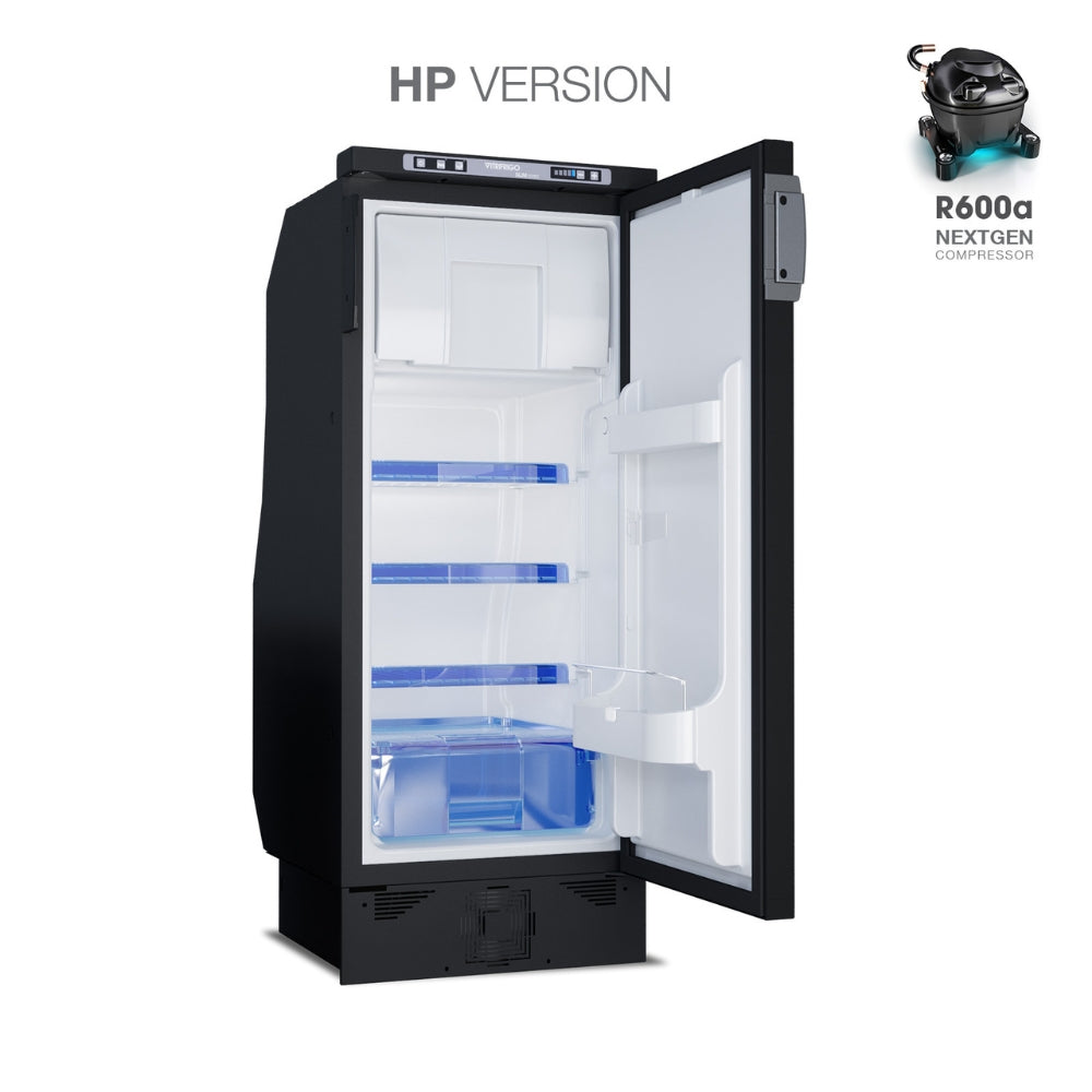 Black refrigerator with open door on a white background, featuring 'HP Version' text.