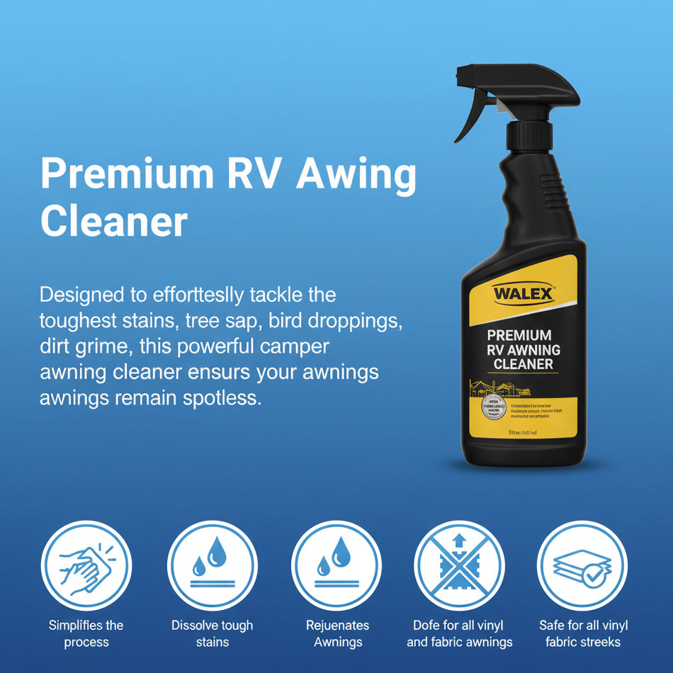 Premium RV Awning Cleaner with product details on a blue background