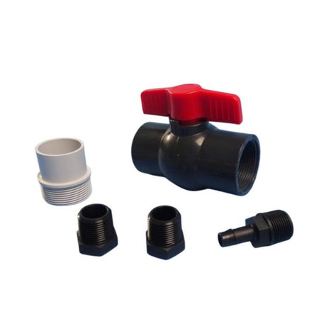 Assorted plumbing fittings including a ball valve, breather, inlet adaptor, and plugs, predominantly black in color.