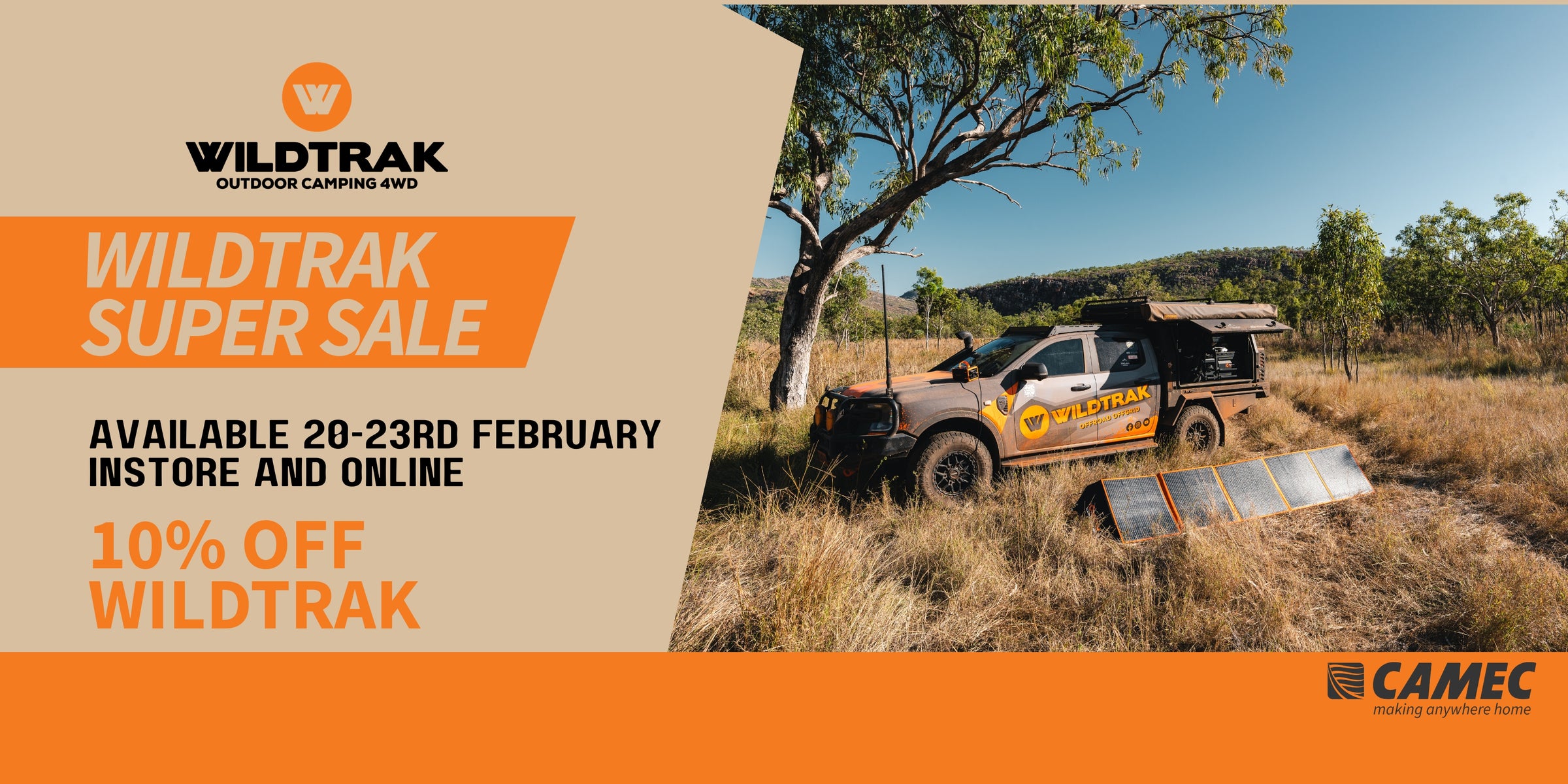 Wildtrak Super Sale advertisement for Camec featuring a truck, solar panels and an outdoor setting.