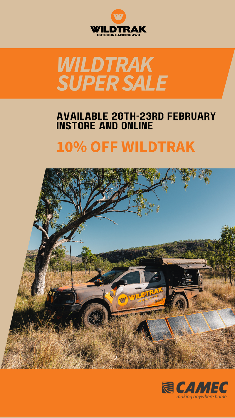 Wildtrak Super Sale advertisement for Camec featuring a truck, solar panels and an outdoor setting.