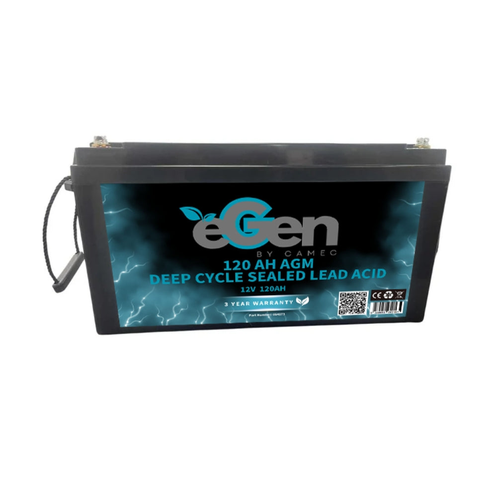 Black 120ah AGM battery on a white background